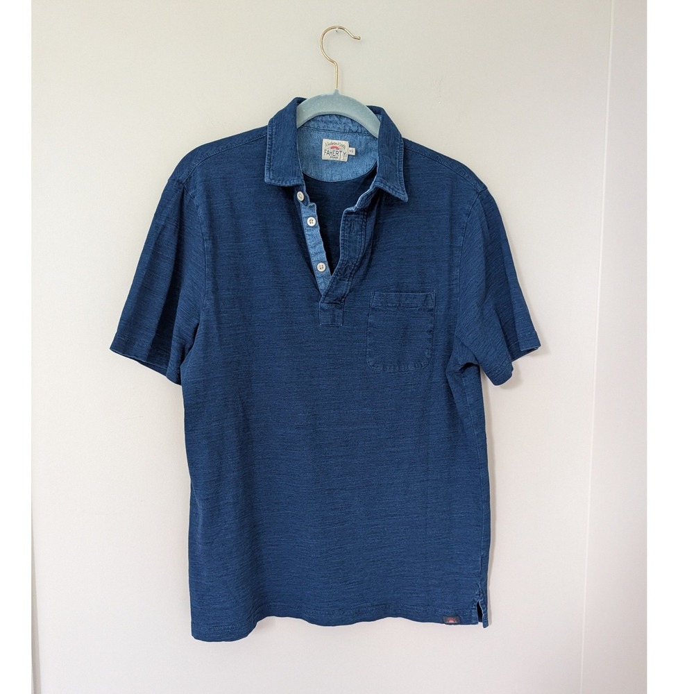 Faherty Brand Mens Indigo Blue Organic Cotton Slub Polo Shirt Medium Pocket